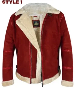 Close-up of a deep red shearling aviator jacket (Style 1) with a wide cream/golden fleece collar and trim, similar to the Ryan Reynolds Spirited Jacket worn in the movie.