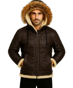 Men’s B3 Dark Brown Shearling Hooded Jacket
