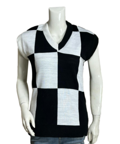 Front view of the checkered Wednesday Addams Sweater Vest in black and grey by America Jackets.