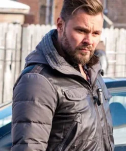 Chicago P.D Patrick John Flueger Hooded Leather Jacket side pose