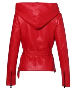 Women Red Hooded Leather Jacket