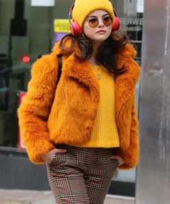 Only Murders in the Building Selena Gomez Fur Jacket side pose