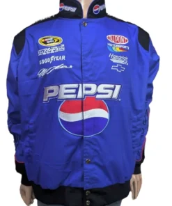Front view of the blue Pepsi JG Racing Jacket with snap buttons from America Jackets.