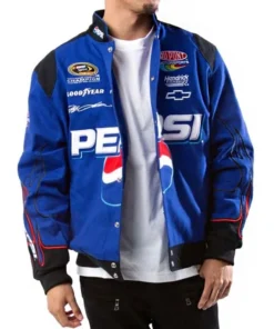 Detailed view of the snap-button closure on the Pepsi JG Racing Jacket at America Jackets.