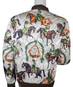 Emily in Paris Horse Jacket seen from the back to show the full pattern and colorful design.