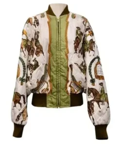 Emily in Paris Horse Jacket shown from the front on Emily Cooper in a colorful outdoor scene.