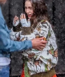 Emily in Paris Horse Jacket featuring a unique animal print and a stylish bomber silhouette.