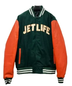 Jet Life premium luxury streetwear varsity jacket in green/orange, a limited edition wool jacket with a button front closure.