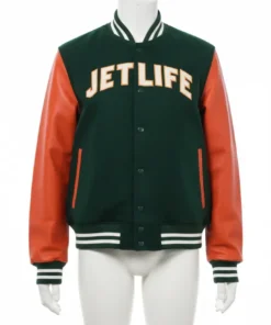 Jet Life Varsity Jacket Limited Edition on a mannequin, featuring leather accented pockets and a green/orange color scheme.