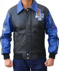 Front view of a Scooby Doo leather jacket adult style with a blue collar, chest embroidery, and snap-button closure on a high-quality scooby doo jacket.