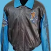 Front view of a Scooby Doo leather jacket with blue sleeves and collar, featuring a small Scooby character patch on the chest and a button-up storm flap.