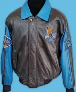 Front view of a Scooby Doo leather jacket with blue sleeves and collar, featuring a small Scooby character patch on the chest and a button-up storm flap.