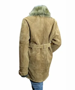 A side-back profile of the Emmanuelle Chriqui Lana Lang coat showing the adjustable belted strap, soft suede texture, and elegant grey fur trim.