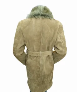 Rear view of the Emmanuelle Chriqui suede coat featuring a belted waist and plush faux fur collar, inspired by the Lana Lang coat Superman and Lois.