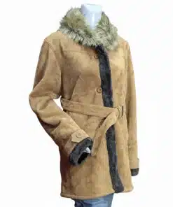 This Emmanuelle Chriqui Superman and Lois coat is a stylish Lana Lang coat for sale, showcasing premium tan suede and a signature faux fur collar.