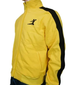 Front view of the yellow Game Of Death Bruce Lee Tracksuit with black stripes from America Jackets.