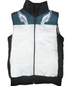 Philadelphia Eagles cheerleader vest for women featuring the iconic team wings on the chest, perfect for an Eagles sideline cheer vest look.