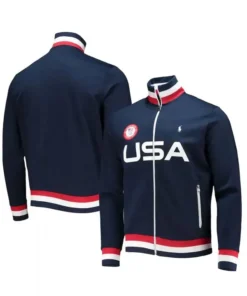 Front and back view of the Red white blue Team USA jacket. Team USA warm up jacket and Team USA track jacket mens.