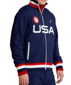 Man wearing the Team USA Olympic track jacket. USA flag track jacket for a complete Team USA track jacket outfit.