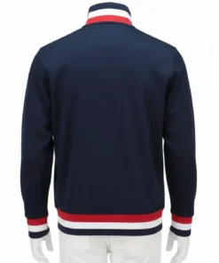Back view of the Team USA track jacket for sale. Navy blue Team USA track suit jacket with red and white trim.