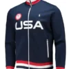 Team USA zip up track jacket for sale. Team USA warm up jacket in navy blue, red, and white. Team USA training jacket.
