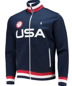 Team USA zip up track jacket for sale. Team USA warm up jacket in navy blue, red, and white. Team USA training jacket.
