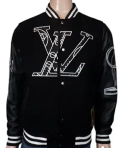 Front view of the black Louis Vuitton NBA Varsity Jacket with prominent white 'LV' logo outline featuring detailed basketball motifs inside. This Louis Vuitton Leather Sleeve Varsity Jacket is a piece from the Louis Vuitton NBA Collection Jacket collaboration, also known as the NBA Louis Vuitton Letterman Jacket.