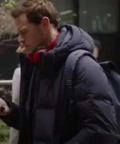 Love Again 2023 Sam Heughan Puffer Jacket side pose