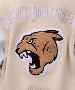 The Wild Beige Letterman Varsity Jacket back pose