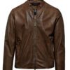 Mens Snap Tab Collar Brown Leather Jacket