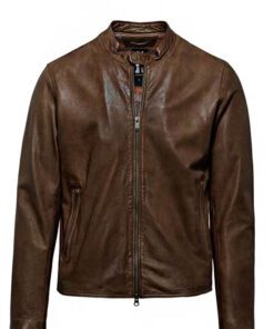 Mens Snap Tab Collar Brown Leather Jacket