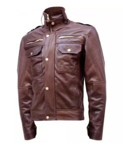 Standing Collar Chocolate Brown Leather Jacket