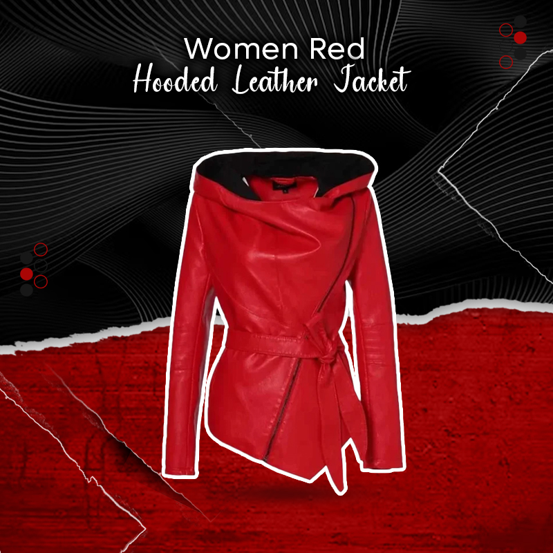 Women Red Hooded Leather Jacket