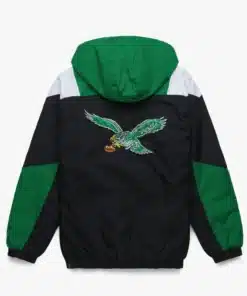 Detailed back of this eagles starter pullover jacket showing the iconic soaring eagle embroidery and vintage sports aesthetic in midnight green.