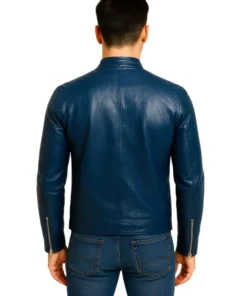 Mens Blue Leather Biker Jacket (Back)