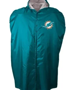 Miami Dolphins NFL football sideline cape coat for players, insulated for cold weather game day.