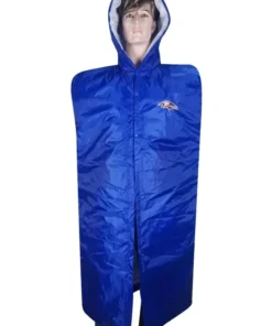 Baltimore Ravens NFL Sideline Cape Coat, blue waterproof coat for players on the sideline bench.
