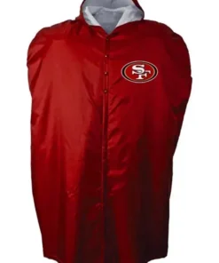 San Francisco 49ers NFL Sideline Cape Coat, red rain cape jacket for wet game day protection.