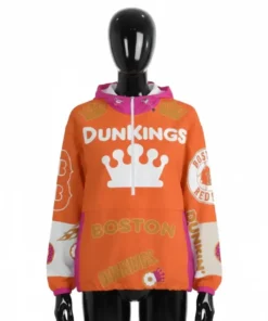 Front view of the Dunkings track jacket on a mannequin. Orange and pink Dunkin jacket with "Dunkings" crown logo and "BOSTON" text.