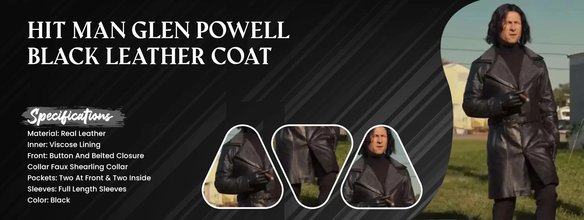 Hit Man Glen Powell Black Leather Coat