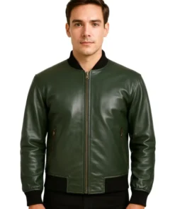 Casual Bomber Green Leather Jacket Men