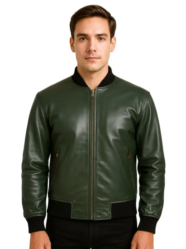 Casual Bomber Green Leather Jacket Men