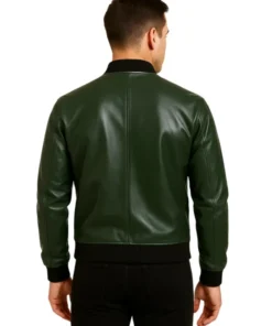 Casual Bomber Green Leather Jacket Men (Back)