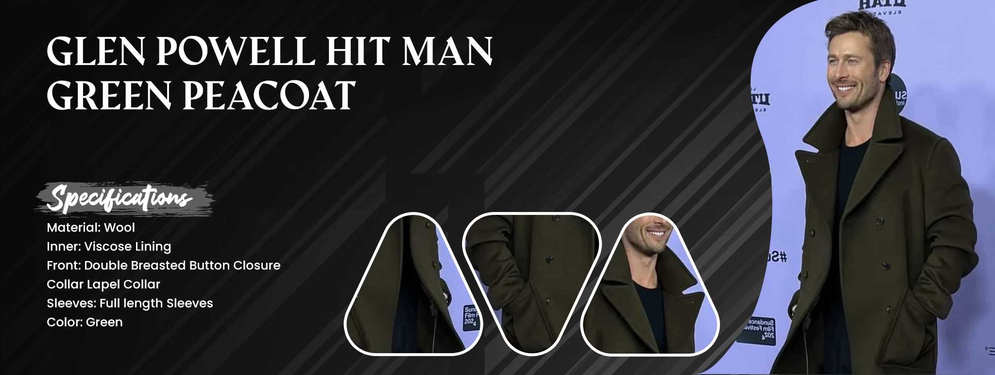 Glen Powell Hit Man Green Peacoat