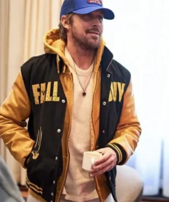 Ryan Gosling in The Fall Guy letterman jacket. A stylish black and yellow letterman jacket featuring high-quality embroidery and ribbed cuffs.