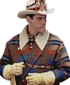 Lloyd Christmas wearing Dumb and Dumber cowboy outfit with patterned jacket and hat, perfect Lloyd Christmas cowboy outfit for fans.