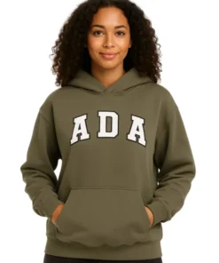 Front view of a woman in an olive green oversized hoodie with "ADA" printed in white collegiate lettering on the chest.