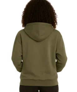 Back view of a woman with curly hair wearing a plain, solid olive green oversized hoodie.