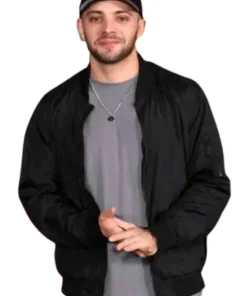 Men's black classic bomber jacket with ribbed trim and zipper closure, movie inspired.