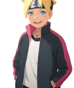 Boruto Uzumaki Next Generation Jacket, high collar, black color, anime character style.